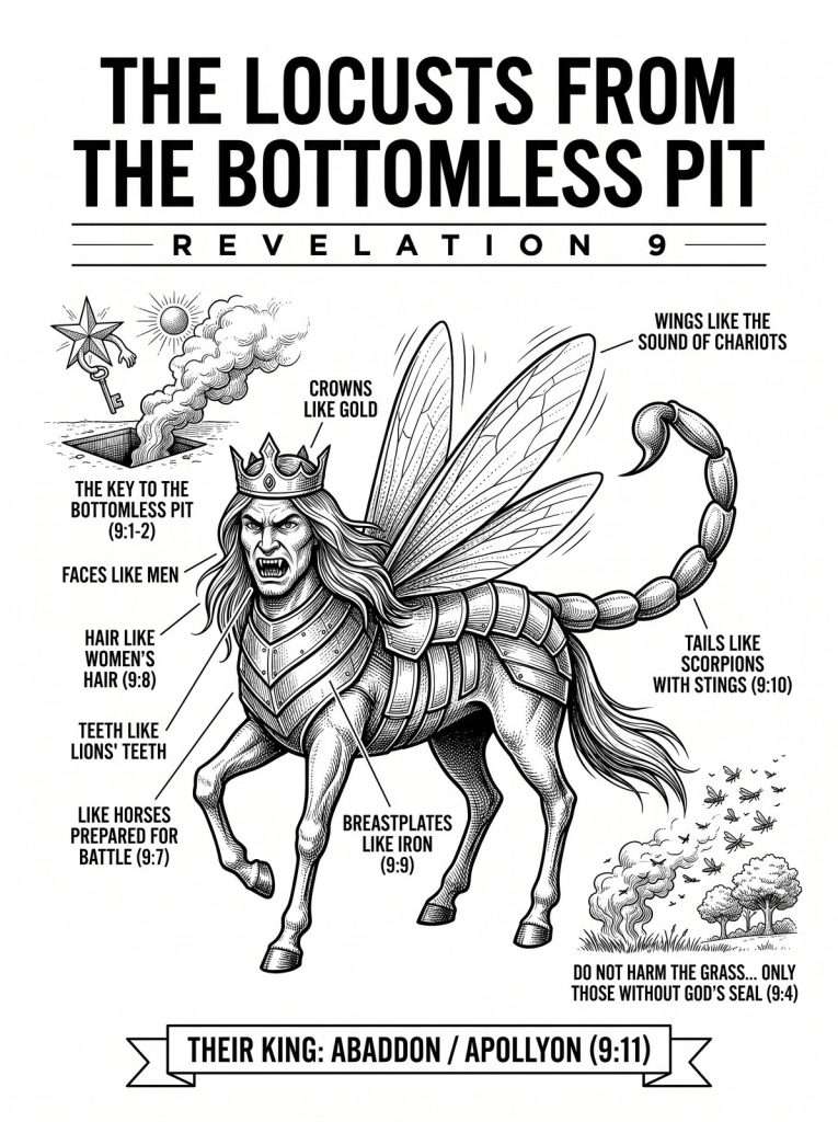 The Locusts From the Bottomless Pit, Revelation 9: a pen-and-ink chart of one of the locusts from the fifth trumpet, shaped like a horse prepared for battle, with a crown like gold, a man's face, women's hair, lions' teeth, an iron breastplate, wings, and a scorpion's tail, labeled with verses 9:1–11, including the key to the bottomless pit and their king, Abaddon / Apollyon